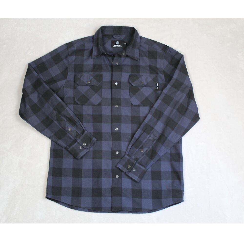 Flylow Shirt Mens Large Blue Black Plaid Snap Shirt Outdoor Hiking Casual